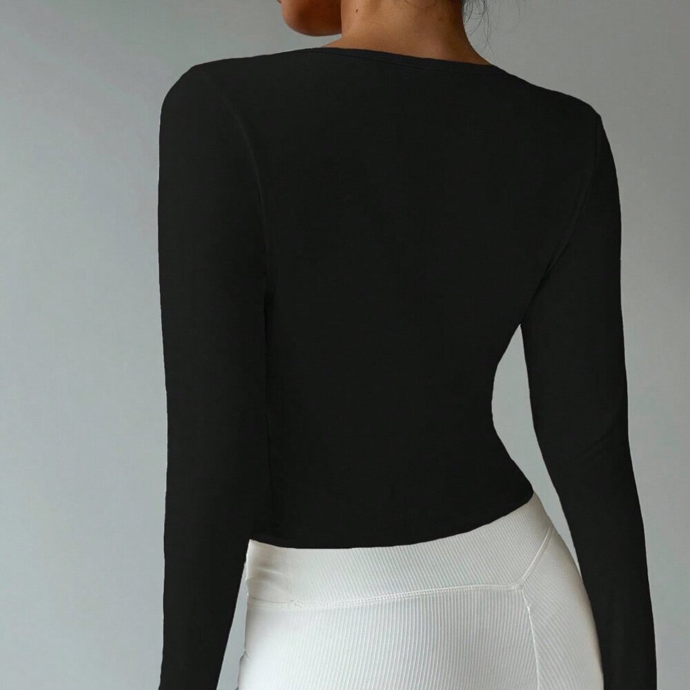 Black Casual Women's Yoga Tie-Up V-Neck Wrap Long Sleeve Cropped Tee - Picture 2 of 6